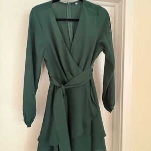 Amazon Elegant Long Sleeve Green Wrap Dress